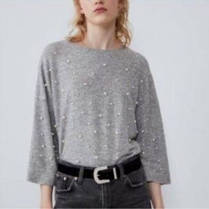 Zara 3/4 sleeve pearl embellished sweater